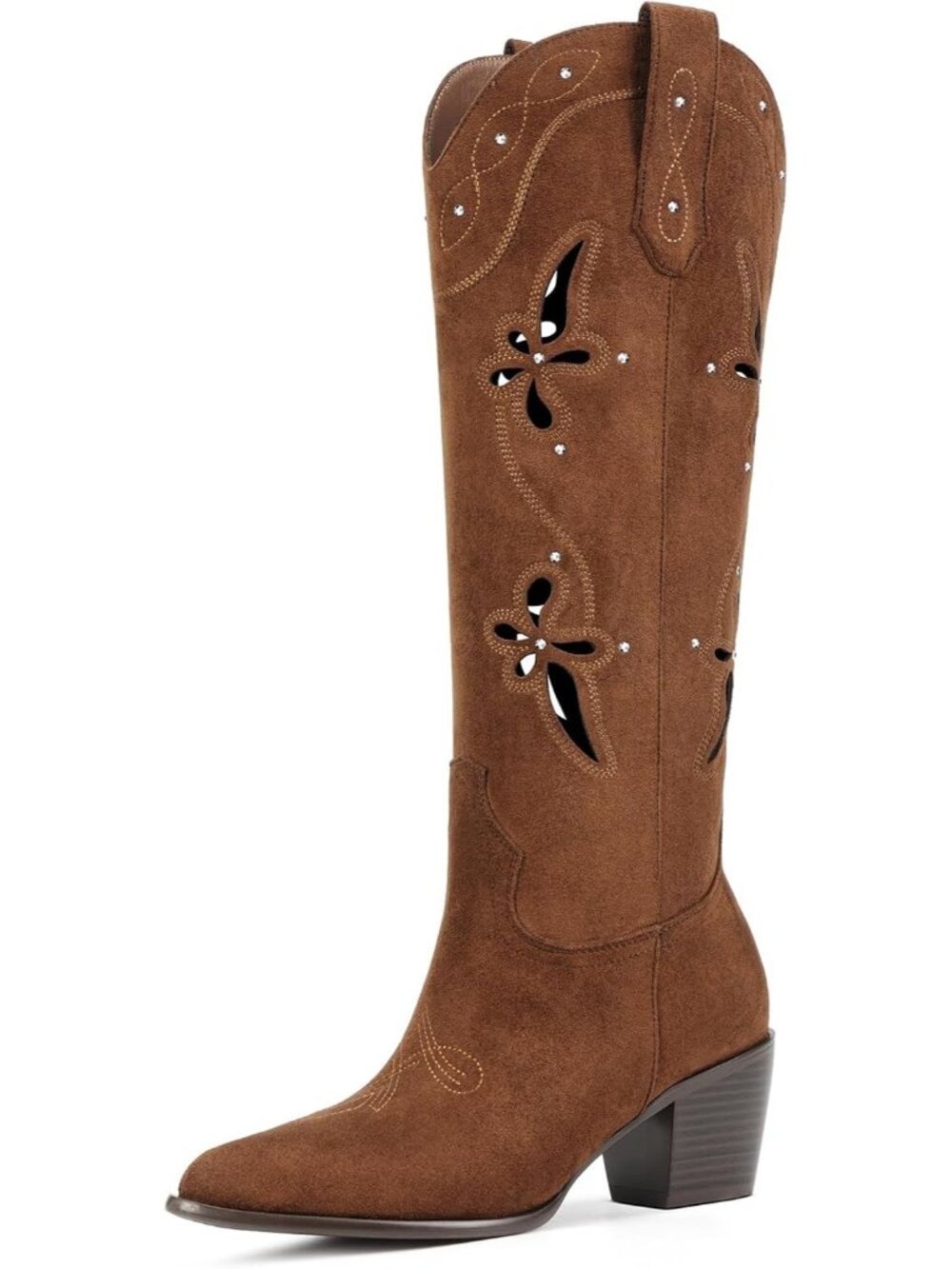 Women's Brown Faux Suede Retro Embroidery Pointed Toe Chunky Heel Cowgirl Boots